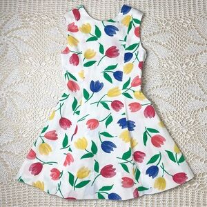 Vintage 1970s Girls 10 Years Primary Color Tulip Print Sleeveless Sheath Dress